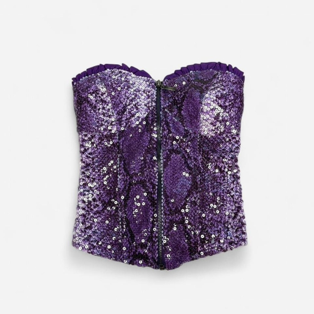 Vintage y2k purple sequins snakeskin pattern babydoll zip up corset top fairy